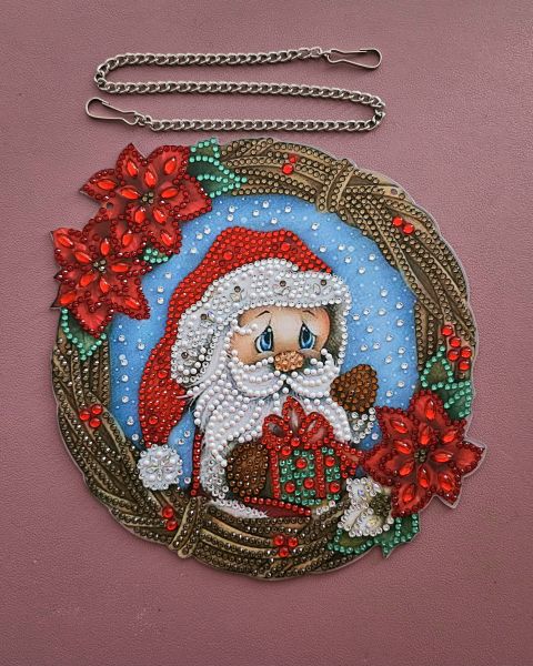 Deko Diamond Painting handmade Kranz mit Weihnachtsmann (fertig)