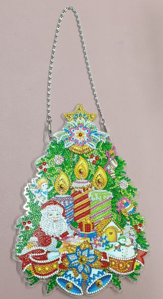 Deko Diamond Painting Weihnachtsbaum mit Nikolaus, Kerzen und Schneemänner zum Aufhängen (fertig)