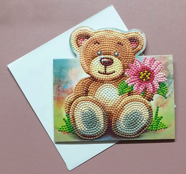 Diamond Painting Aufstell-Karte (fertig) Teddy mit Blume, handmade