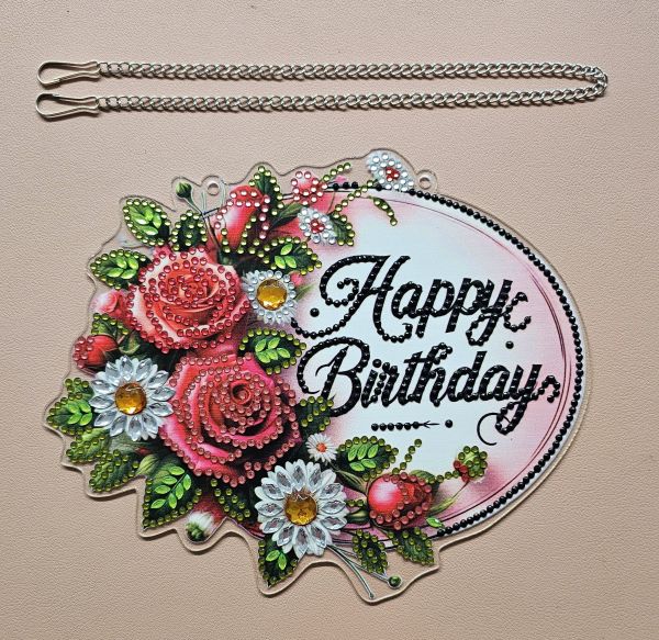 Deko Diamond Painting handmade Ornament zum Aufhängen, "Happy Birthday" (fertig)