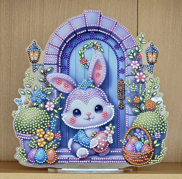 Deko Diamond Painting handmade Ornament, Motiv Hase vor Tür (fertig)