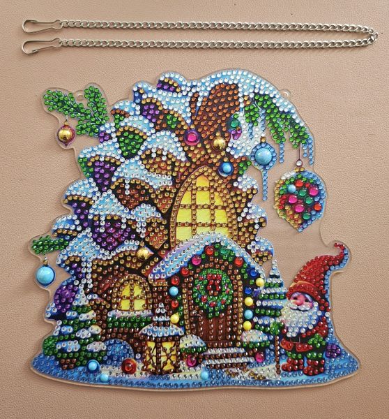 Deko Diamond Painting handmade Ornament aus Acryl, Motiv Winterhaus zum Aufhängen (fertig)