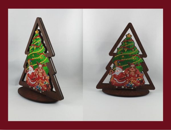 Weihnachtsdeko Diamond Painting Holzelement Weihnachtsbaum mit Baum & Nikolaus beidseitig (fertig)