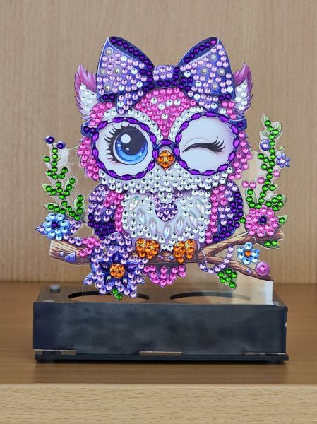 Deko Diamond Painting handmade Kerzenständer aus Acryl, Motiv Eule (fertig)