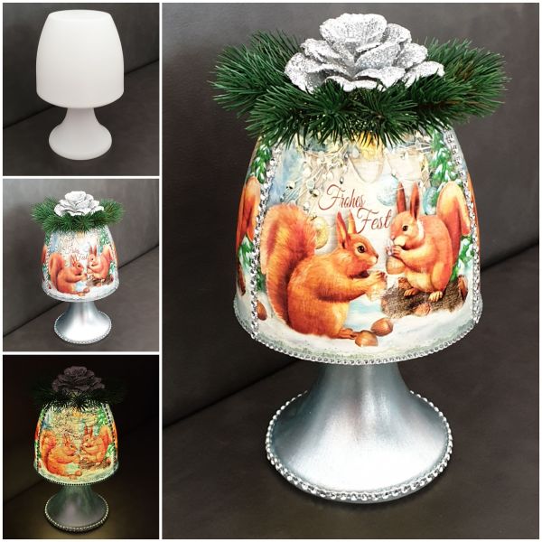 Weihnachtsdeko (handmade) Lampe, Eichhörnchen, Frohes Fest, aqua-metallic