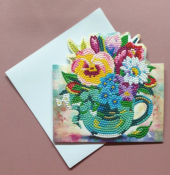Diamond Painting Aufstell-Karte (fertig) Tasse mit Blumenstrauß, handmade