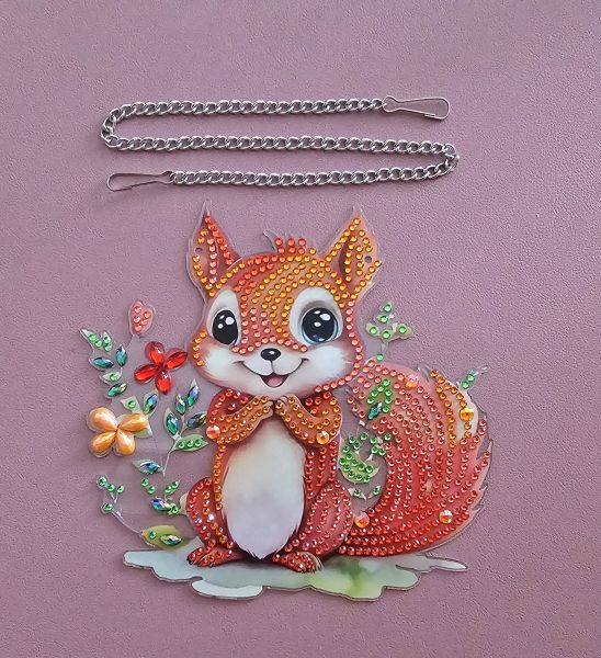 Deko Diamond Painting handmade Ornament zum Aufhängen, Motiv Eichhörnchen (fertig)