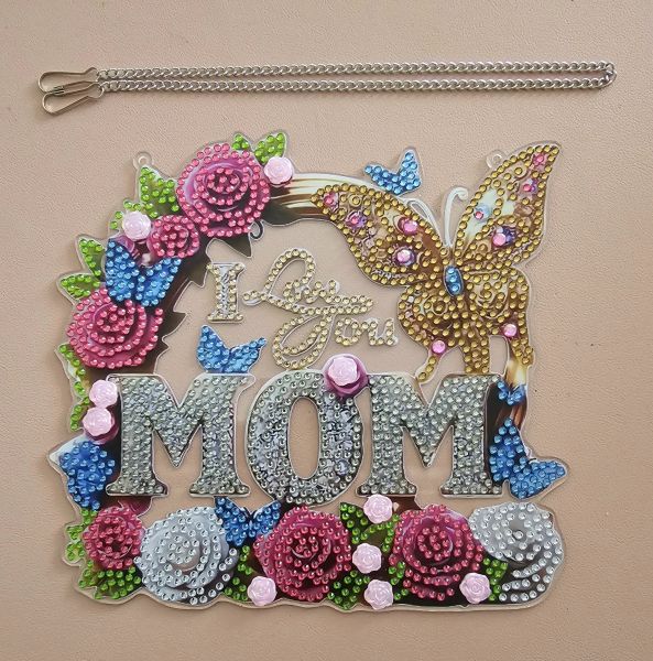 Deko Diamond Painting handmade Ornament zum Aufhängen, Motiv "I LOVE YOU MOM" (fertig)