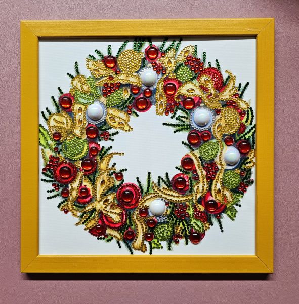 Weihnachtsdeko handmade Diamond Painting Bild mit Weihnachtskranz gold (fertig)