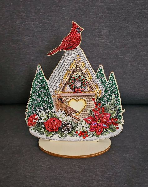 Weihnachtsdeko Diamond Painting handmade Ornament aus Holz, Motiv Weihnachtshaus (fertig)