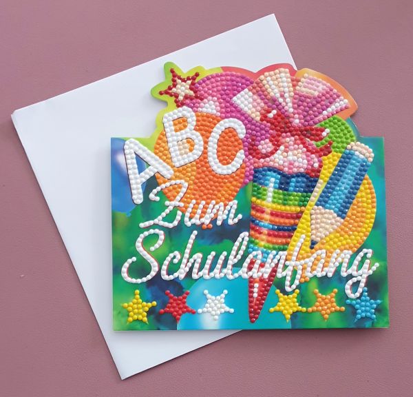 Diamond Painting Aufstell-Karte (fertig) "Zum Schulanfang", handmade