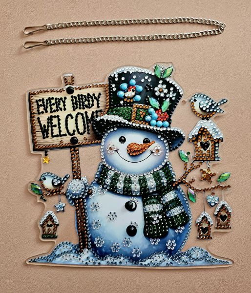 Deko Diamond Painting handmade Ornament aus Acryl, Motiv Schneemann zum Aufhängen (fertig)