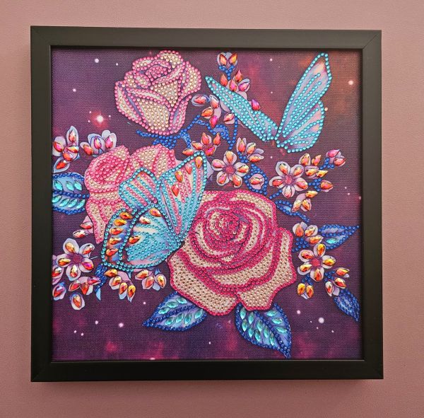 Deko Diamond Painting handmade Bild mit Schmetterlingen und Blumen (fertig)