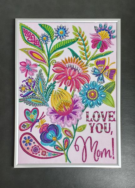 Deko Diamond Painting Bild mit Blumen "LOVE YOU MOM" (fertig)