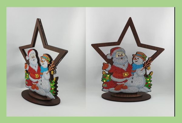 Weihnachtsdeko Diamond Painting Holzelement Stern mit Nikolaus & Schneemann beidseitig (fertig)