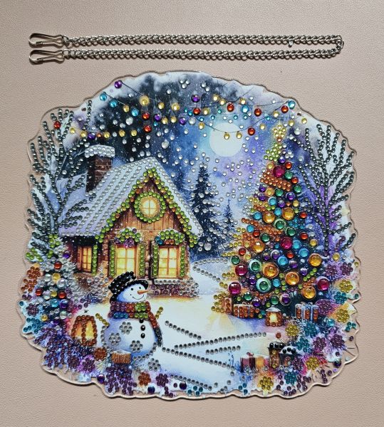 Deko Diamond Painting handmade Ornament aus Acryl, Motiv Winter-Landschaft zum Aufhängen (fertig)