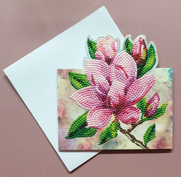 Diamond Painting Aufstell-Karte (fertig) Magnolien in pink, handmade