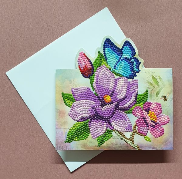 Diamond Painting Aufstell-Karte (fertig) Magnolie mit blauem Schmetterling, handmade