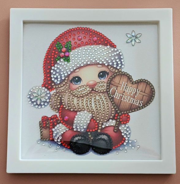Deko Diamond Painting handmade Bild mit Rahmen, Weihnachtsmann "Happy Christmas" (fertig)