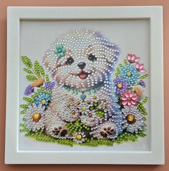 Deko Diamond Painting handmade Bild mit Rahmen, weißer Hund (fertig)