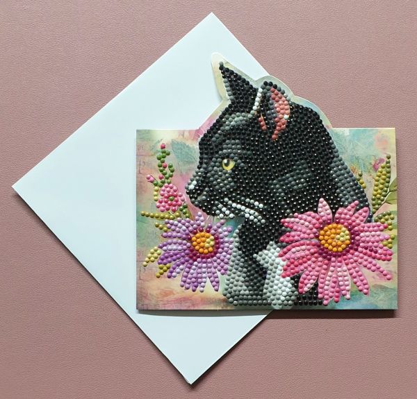 Diamond Painting Aufstell-Karte (fertig) Katze mit Blumen, handmade