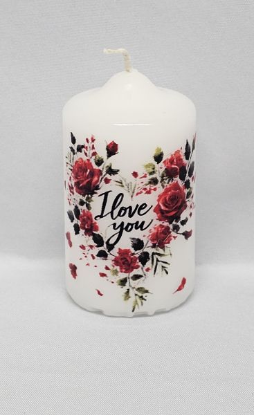 Kerze, Motiv Blumenherz "I love you"