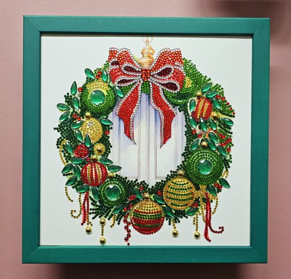 Weihnachtsdeko handmade Diamond Painting Bild mit Weihnachtskranz grün (fertig)