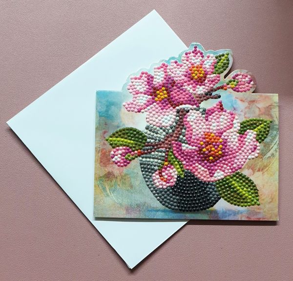 Diamond Painting Aufstell-Karte (fertig) Kirschblüten in Vase, handmade