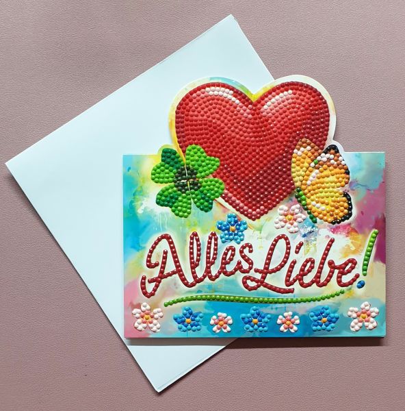 Diamond Painting Aufstell-Karte (fertig) "Alles Liebe", handmade
