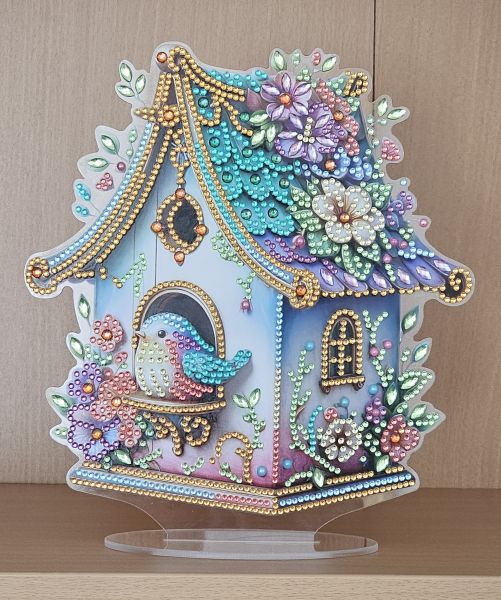 Deko Diamond Painting handmade Ornament aus Acryl, Motiv Vogelhäuschen (fertig)