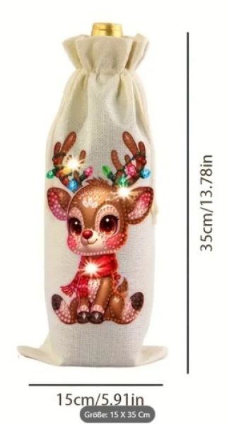 Deko Diamond Painting handmade Weinbeutel, Motiv Rentier (fertig)