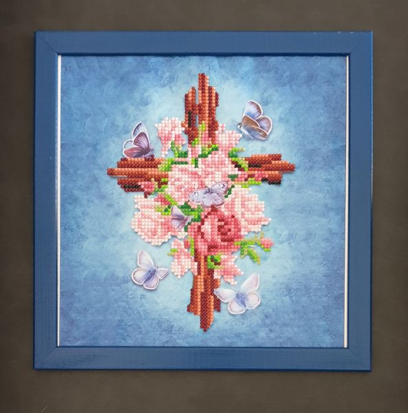 Deko Diamond Painting Bild mit Blumen beschmücktem Kreuz (fertig)