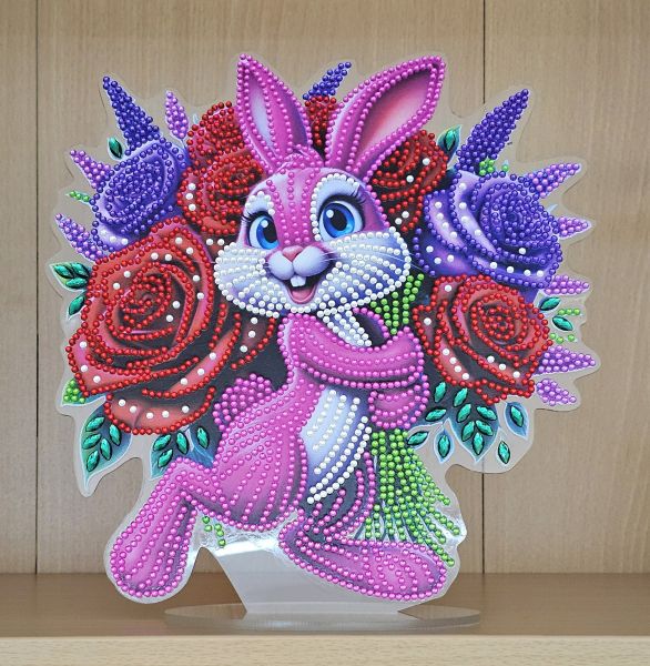 Deko Diamond Painting handmade Ornament, Motiv Hase pink mit Rosen (fertig)