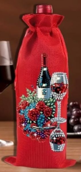 Deko Diamond Painting handmade Weinbeutel, Motiv Weinflasche & Weinglas (fertig)