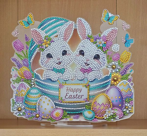 Deko Diamond Painting handmade Ornament, Motiv Hasen "Happy Easter" (fertig)