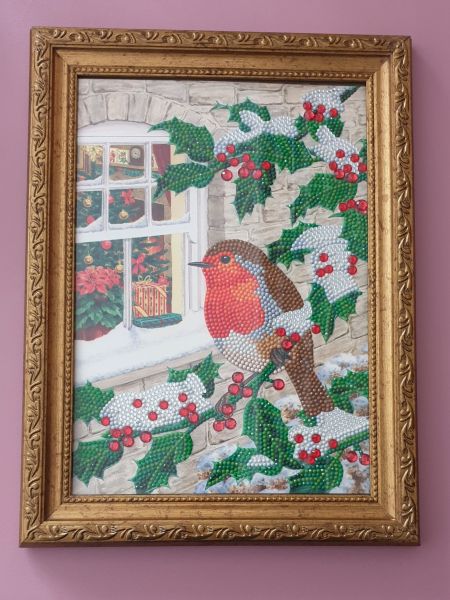 Weihnachtsdeko Diamond Painting Bild mit Vogel (fertig)