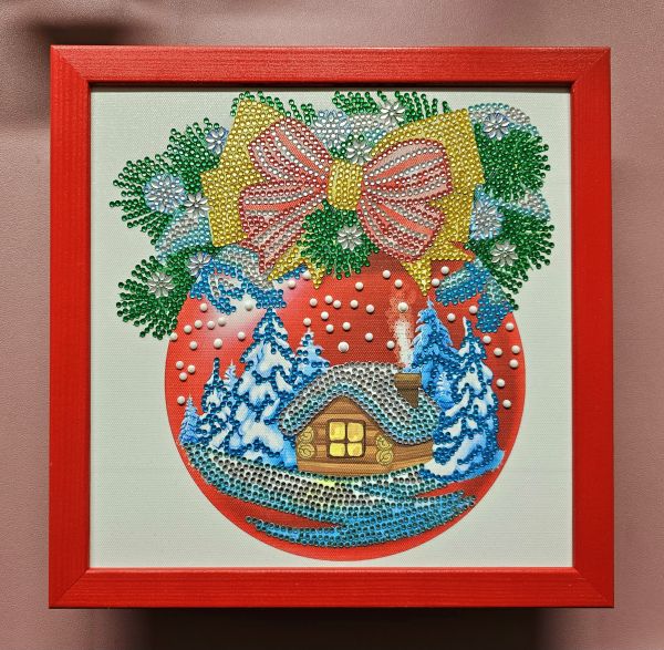 Weihnachtsdeko handmade Diamond Painting Bild mit Weihnachtskugel rot (fertig)