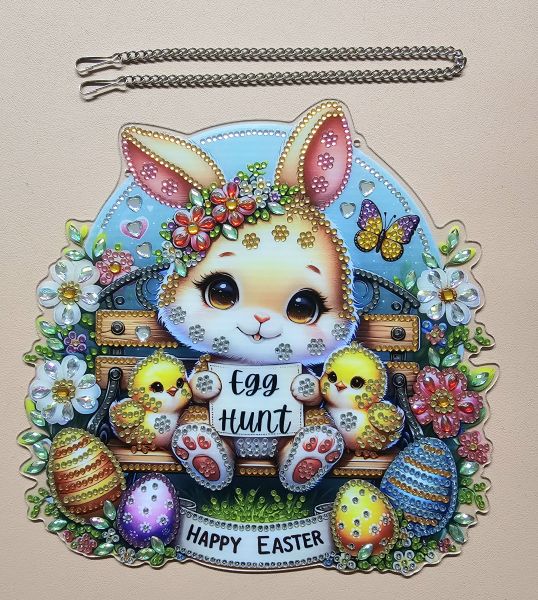 Deko Diamond Painting handmade Ornament zum Aufhängen, Egg Hunt - Happy Easter - Hase (fertig)