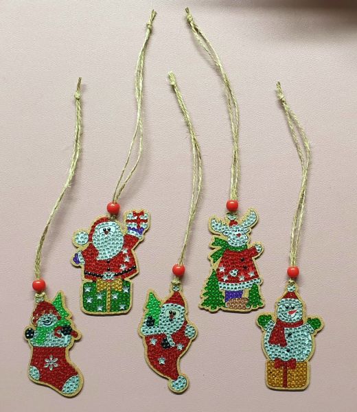 Deko Diamond Painting (fertig) fünf Weihnachtsbaumanhänger beidseitig, handmade