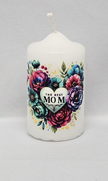 Kerze, Motiv Blumenherz "The best Mom"