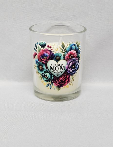 Kerze im Glas, Motiv Blumenherz "The Best Mom"