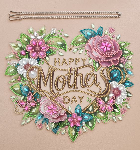 Deko Diamond Painting handmade Ornament zum Aufhängen, Motiv "HAPPY MOTHER`S DAY" (fertig)