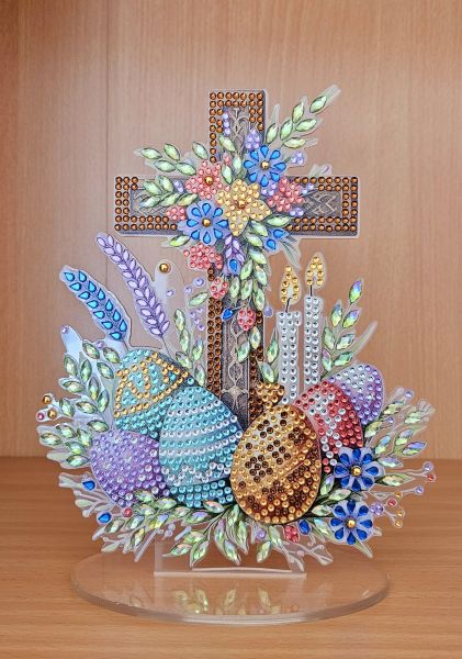 Osterdeko Diamond Painting handmade Ornament aus Acryl, Motiv Kreuz (fertig)