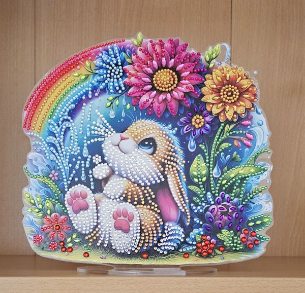 Deko Diamond Painting handmade Ornament, Motiv Hase unterm Regenbogen (fertig)