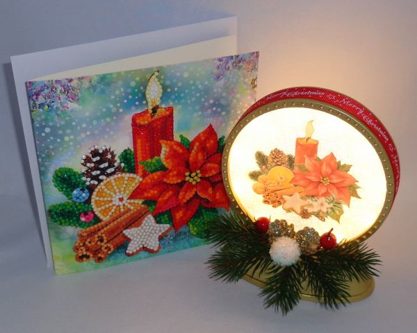 Weihnachtsdeko (handmade) mit passender Diamond Painting Grußkarte Kerze & Weihnachtsstern (fertig)