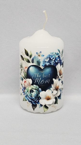 Kerze, Motiv Blumenherz (blau) "The best Mom"