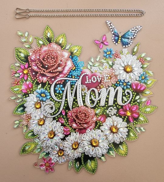 Deko Diamond Painting handmade Ornament zum Aufhängen, Motiv "LOVE MOM" (fertig)