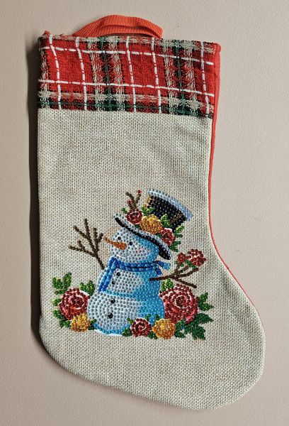 Deko Diamond Painting handmade Weihnachts-Strumpf gemustert, Motiv Schneemann (fertig)