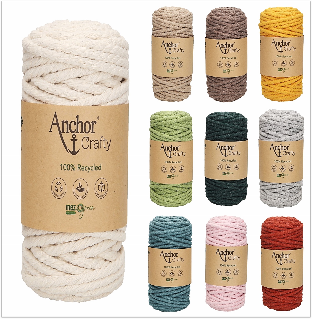 Anchor Crafty Cordino In Cotone Riciclato Per Macramè - 250g, 5mm, 50m - Ecologico E Morbido