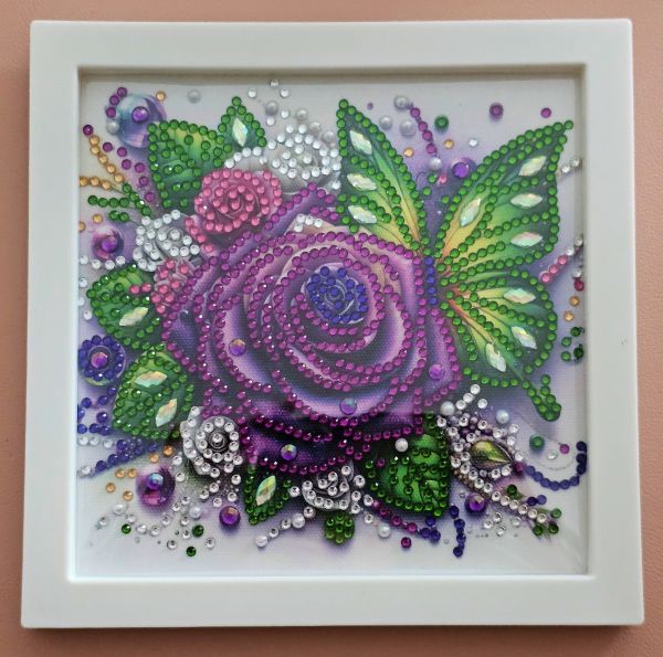 Deko Diamond Painting handmade Bild mit Rahmen, Rose lila (fertig)